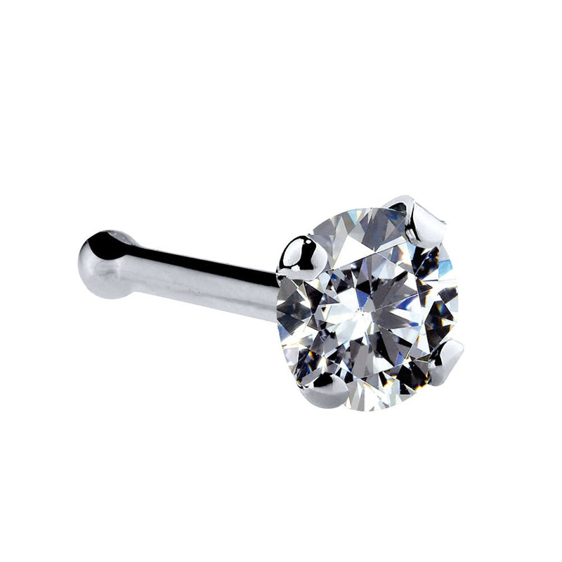 14k white gold 2.5mm CZ nose bone, angled view showing ball end backing and sparkling round stone