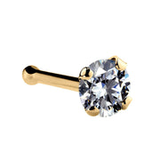 14k yellow gold 2.5mm CZ nose bone, angled view showing ball end and bright yellow gold setting