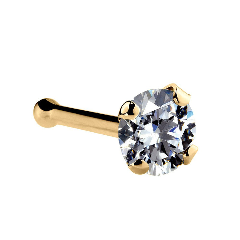 14k yellow gold 2.5mm CZ nose bone, angled view showing ball end and bright yellow gold setting