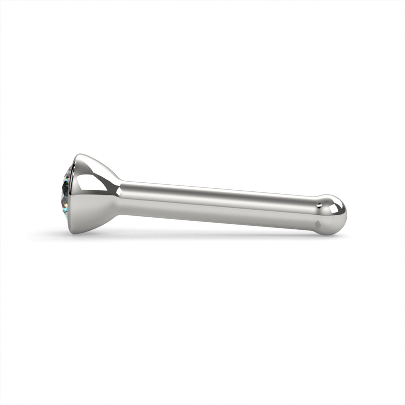 Side profile of platinum diamond bezel nose bone stud showing low-profile flush setting