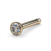 14k yellow gold 2mm diamond bezel nose bone stud, angled view with ball end detail