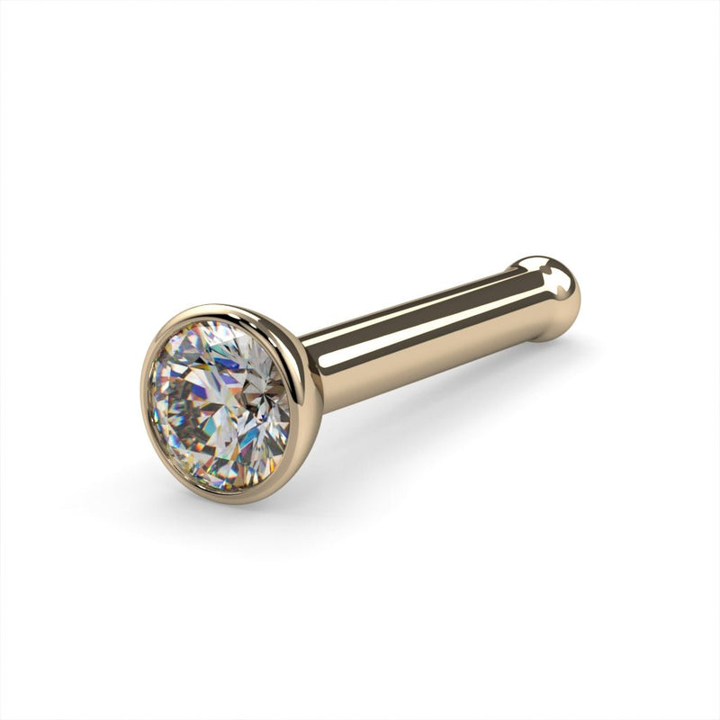 14k yellow gold 2mm diamond bezel nose bone stud, angled view with ball end detail