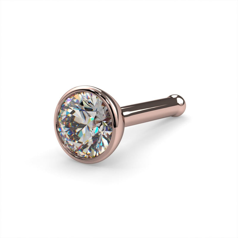 14k rose gold 3mm diamond bezel nose bone stud, angled view showing rose gold finish and ball end