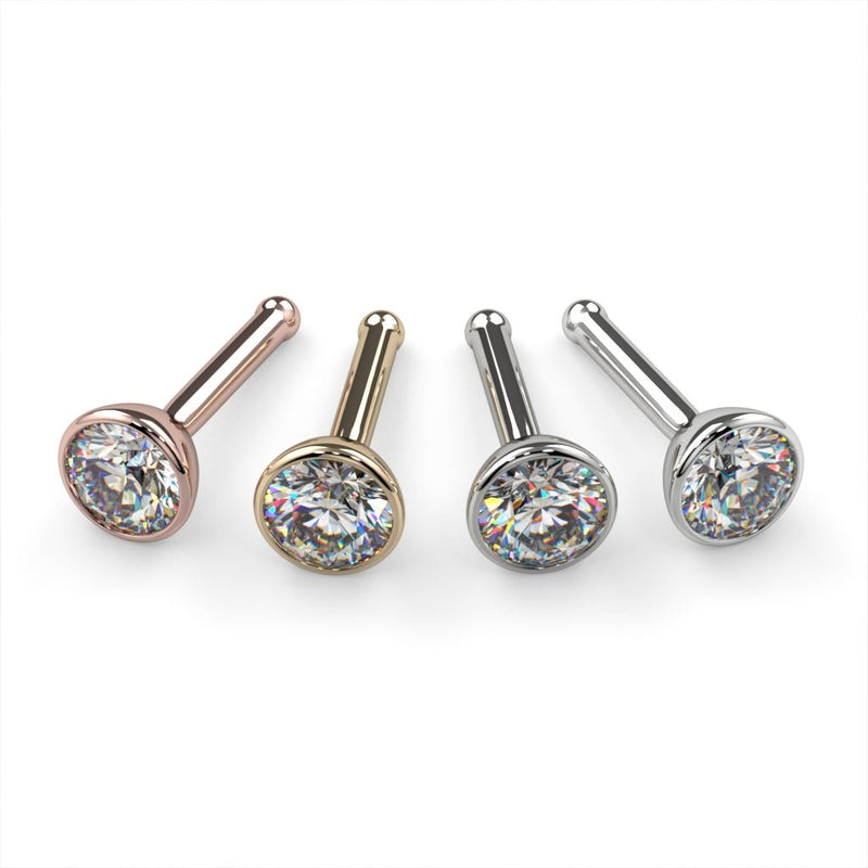 3mm diamond bezel nose bone stud in four metals: rose gold, yellow gold, white gold, platinum, front view