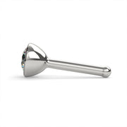 Side profile of 14k white gold diamond bezel nose stud showing straight post with ball end