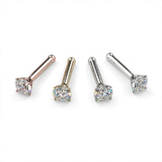 2.5mm diamond bone nose stud in rose gold, yellow gold, white gold, and platinum, all four metal colors