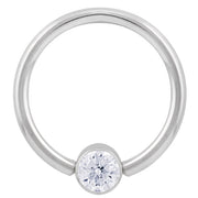 14k white gold CZ bezel fixed bead ring, front view with round cubic zirconia in polished setting