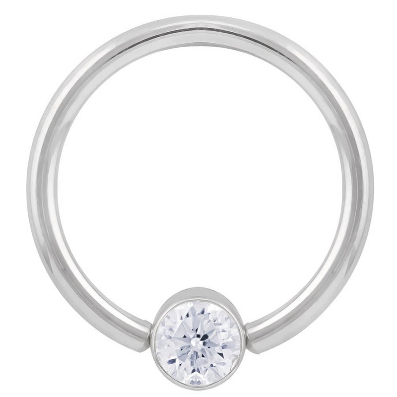 14k white gold CZ bezel fixed bead ring, front view with round cubic zirconia in polished setting