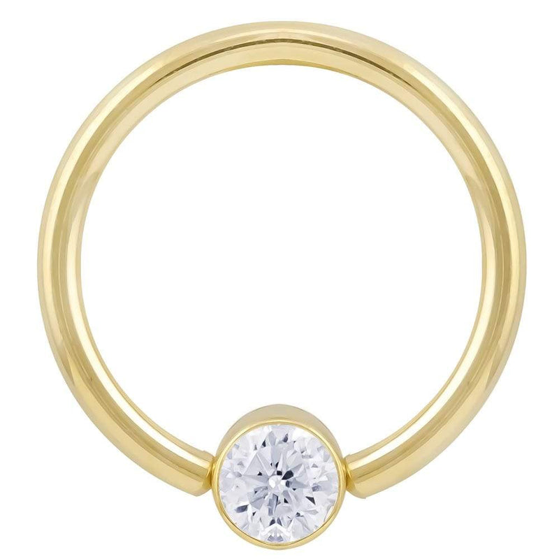 14k yellow gold CZ bezel fixed bead ring, front view showing round-cut cubic zirconia setting