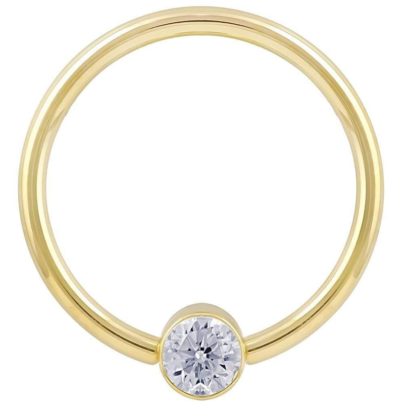 14k yellow gold CZ bezel fixed bead ring, slightly larger diameter showing polished hoop and bezel detail