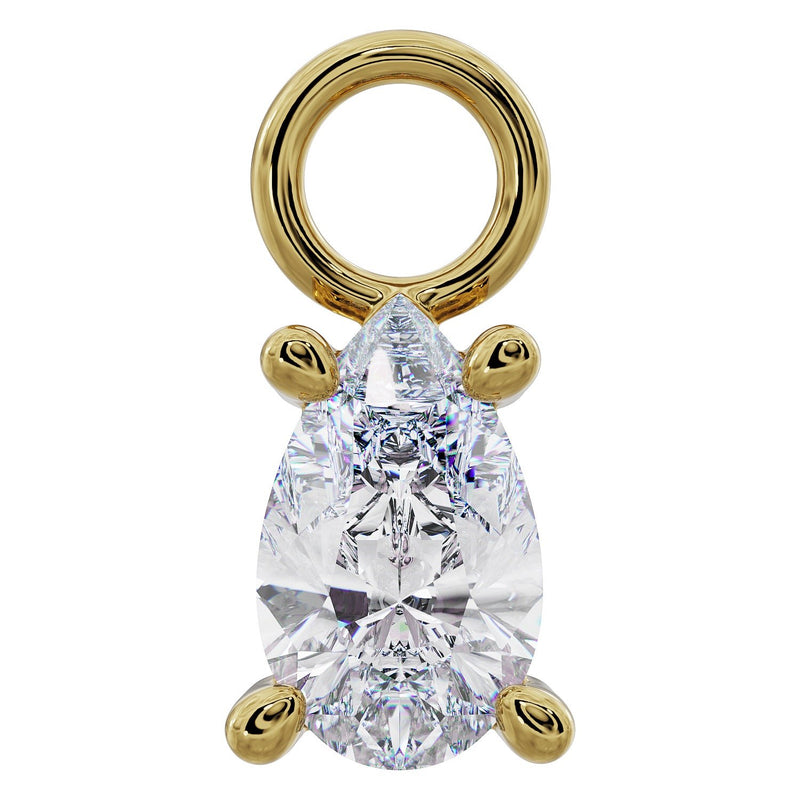 14k yellow gold pear drop CZ piercing jewelry charm with prong setting, front view