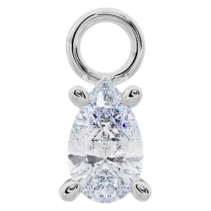 Platinum pear-cut CZ piercing charm with four-prong setting and round connector loop, front view