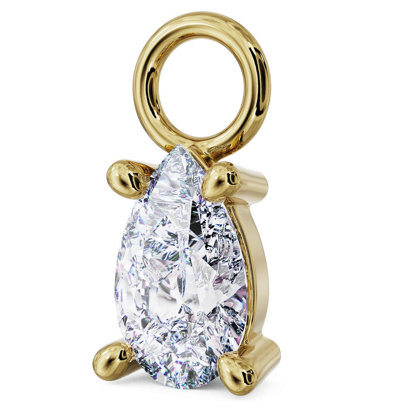 Side profile of 14k yellow gold pear CZ piercing charm showing prong depth and connector ring thickness