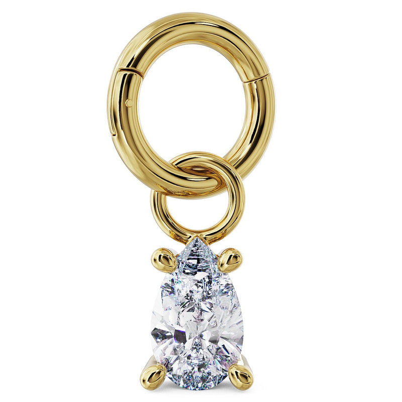 14k yellow gold CZ pear charm attached to a clicker hoop, showing how it connects to piercing jewelry