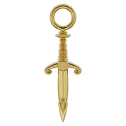 14k yellow gold medieval dagger piercing charm, front view showing ribbed grip and scroll guard