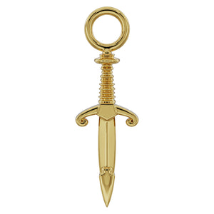 14k yellow gold medieval dagger piercing charm, front view showing ribbed grip and scroll guard