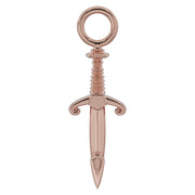 14k rose gold dagger piercing charm, front view highlighting warm tone and ribbed handle detail