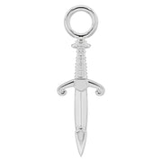 950 platinum medieval dagger piercing charm, front view with polished finish and scroll crossguard