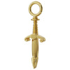 Angled side view of 14k yellow gold dagger charm revealing three-dimensional blade and guard depth