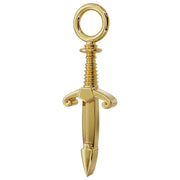 Angled side view of 14k yellow gold dagger charm revealing three-dimensional blade and guard depth