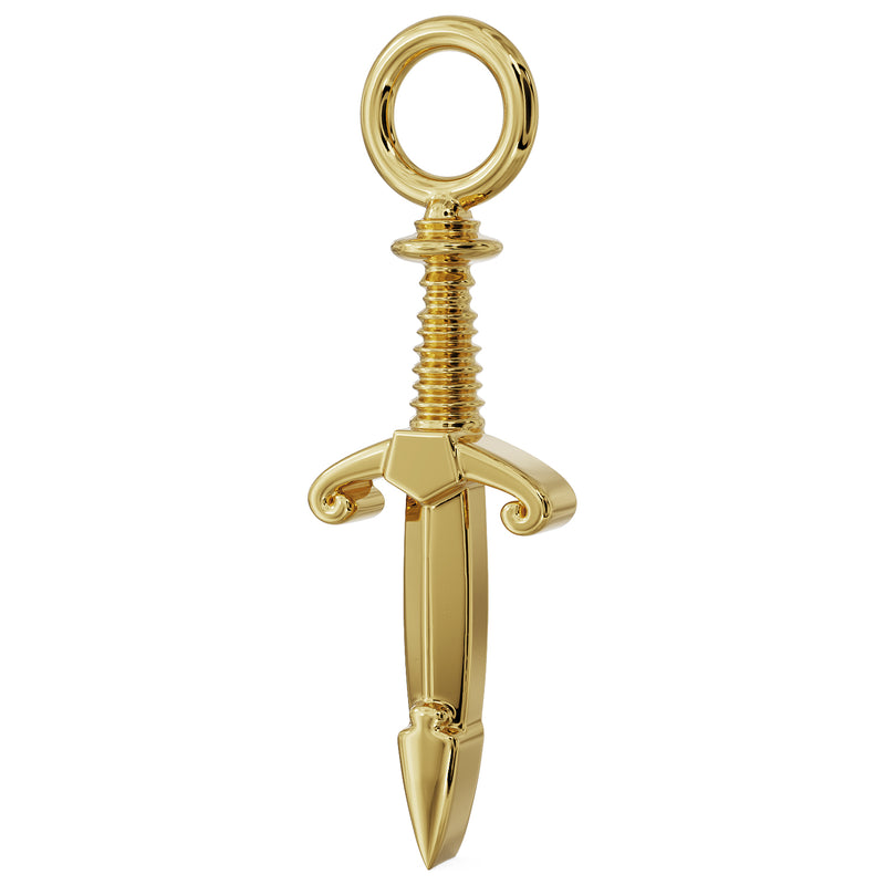 Angled side view of 14k yellow gold dagger charm revealing three-dimensional blade and guard depth