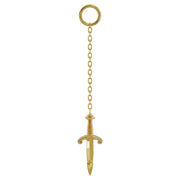14K yellow gold dagger chain piercing accessory, long 20mm chain with medieval charm, front view