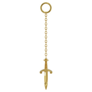 14K yellow gold dagger chain piercing accessory, long 20mm chain with medieval charm, front view