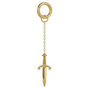 Close-up of 14K yellow gold dagger chain accessory clasp ring detail showing how it attaches to hoops