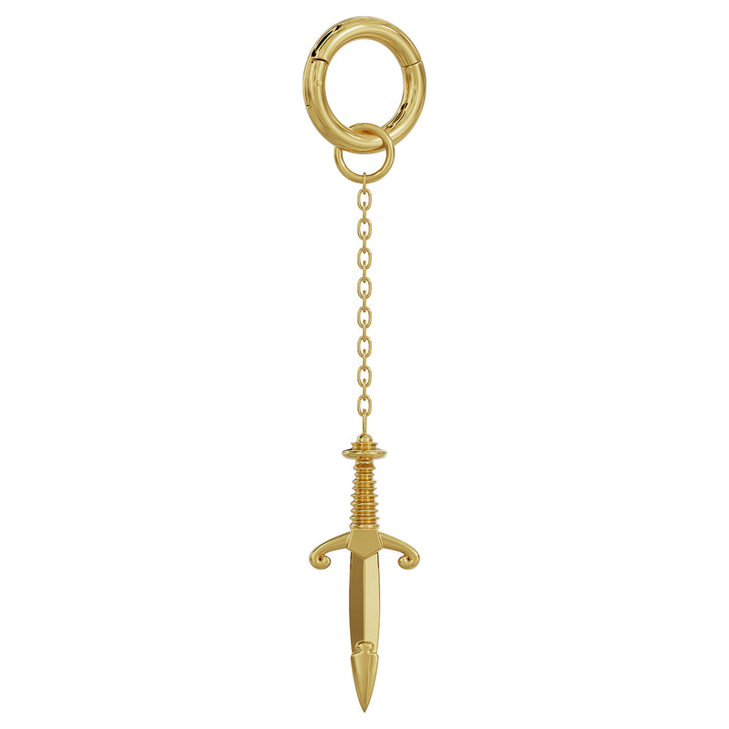 Close-up of 14K yellow gold dagger chain accessory clasp ring detail showing how it attaches to hoops