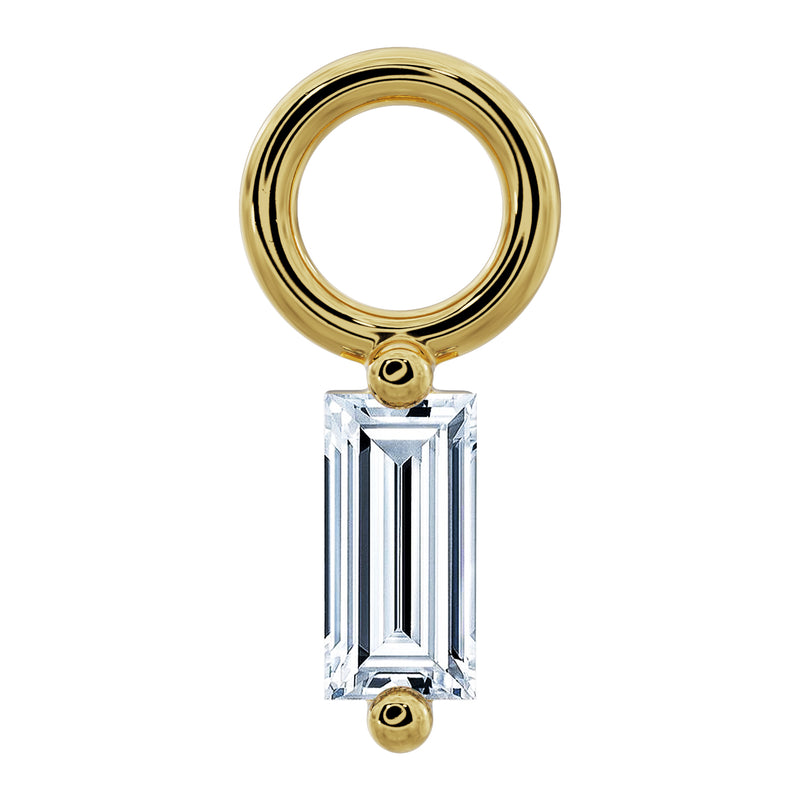 14k yellow gold baguette diamond piercing charm with open ring connector, front view