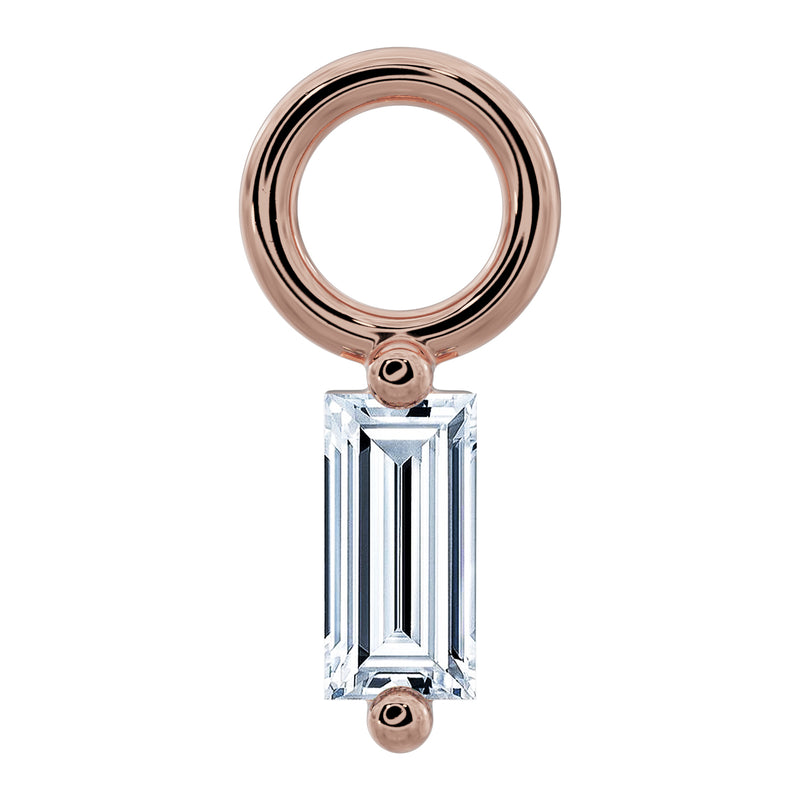 14k rose gold baguette diamond piercing charm with open ring connector, front view