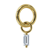 14k yellow gold baguette diamond charm attached to clicker ring, showing how charm connects