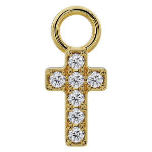 14k yellow gold diamond cross piercing charm with seven round diamonds, front view