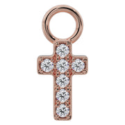 14k rose gold diamond cross piercing charm with seven pavé-set diamonds, front view