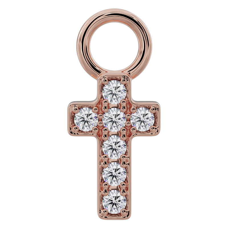 14k rose gold diamond cross piercing charm with seven pavé-set diamonds, front view