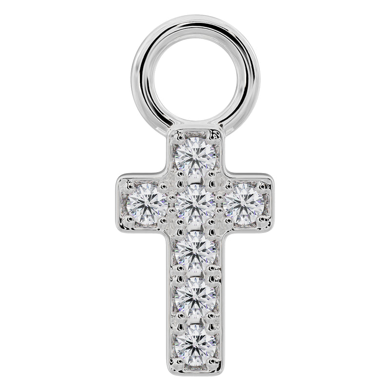 14k white gold diamond cross piercing charm set with seven round-cut diamonds, front view