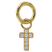 14k yellow gold diamond cross charm attached to a clicker ring, showing how it fits on hoop jewelry