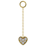 14K yellow gold long chain piercing accessory with pavé diamond heart charm, front view