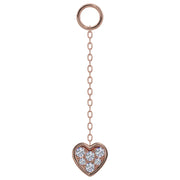 14K rose gold long chain piercing accessory with pavé diamond heart charm, front view