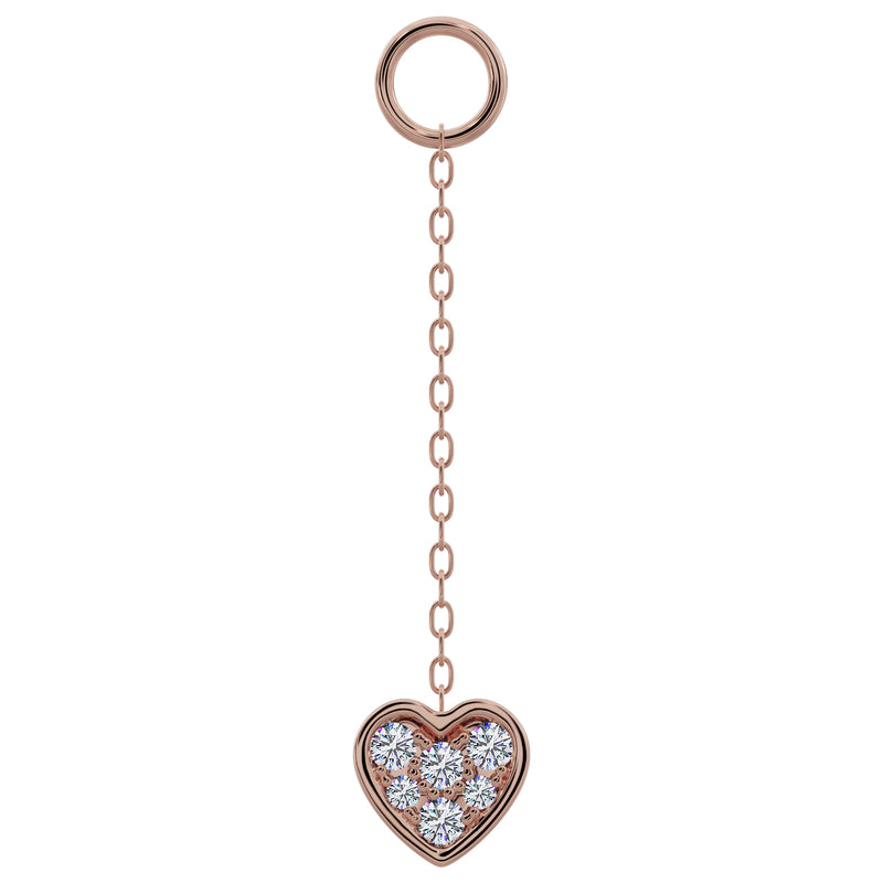 14K rose gold long chain piercing accessory with pavé diamond heart charm, front view
