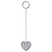 14K white gold long chain piercing accessory with pavé diamond heart charm, front view