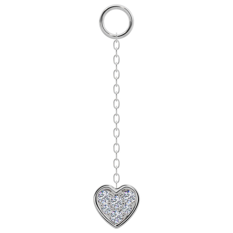 14K white gold long chain piercing accessory with pavé diamond heart charm, front view