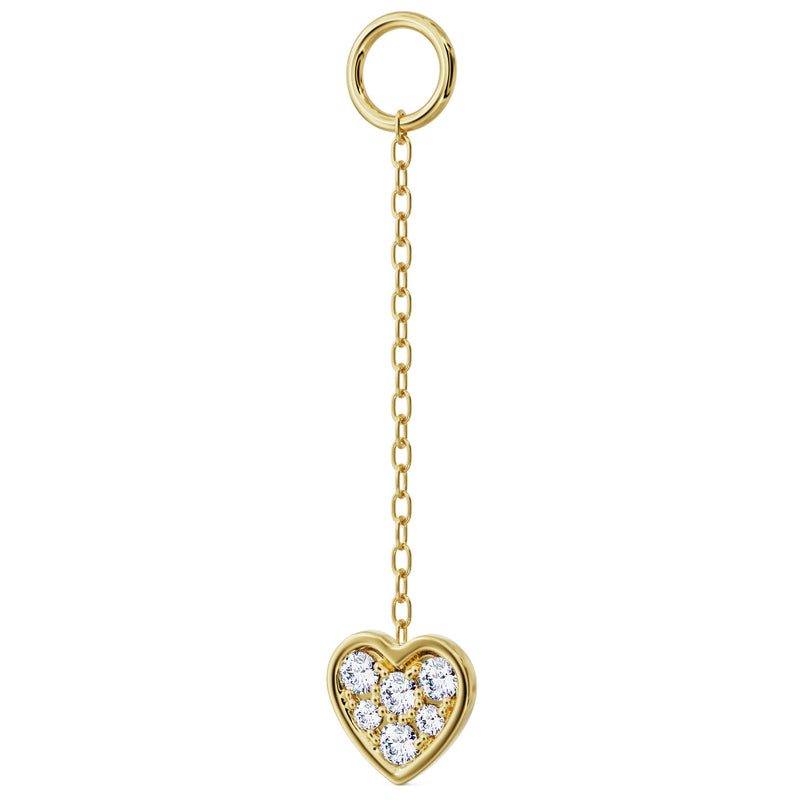 14K yellow gold short chain piercing accessory with pavé diamond heart charm, front view