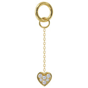 14K yellow gold heart diamond pavé chain accessory showing spring-ring clasp attachment detail