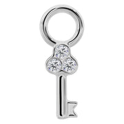 14K white gold key piercing charm with three bezel-set round diamonds, front view