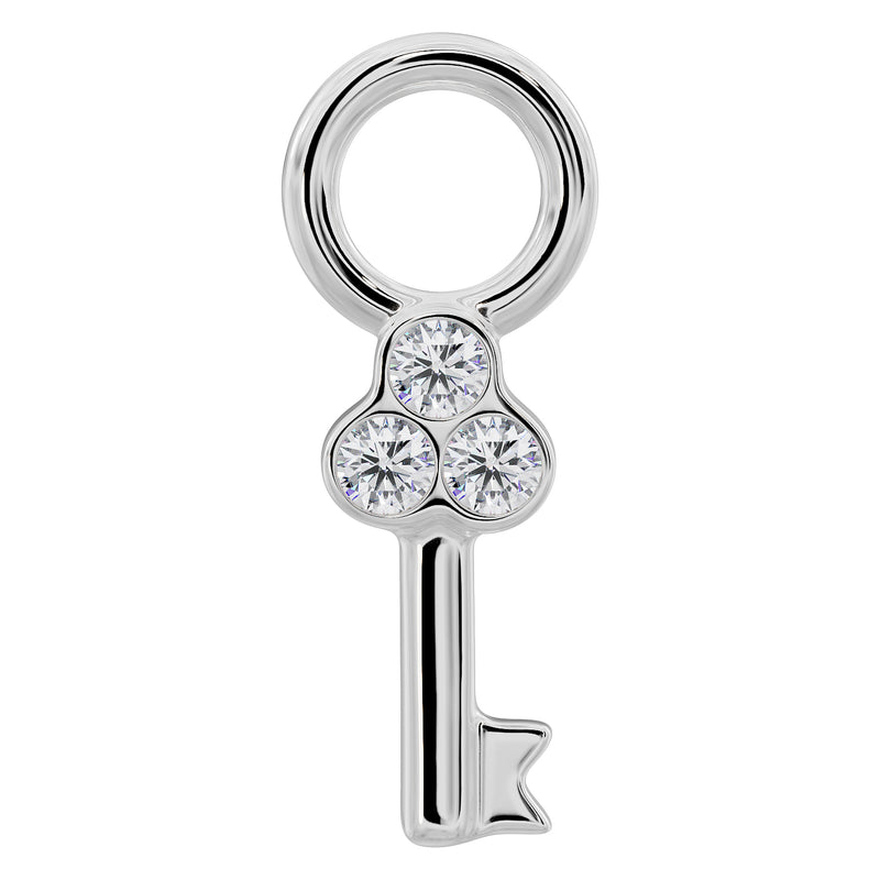 14K white gold key piercing charm with three bezel-set round diamonds, front view