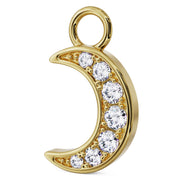 Angled side view of 14k yellow gold diamond pave moon charm showing depth and profile