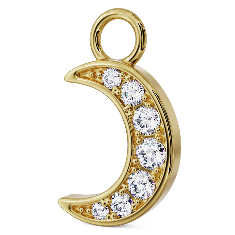 Angled side view of 14k yellow gold diamond pave moon charm showing depth and profile