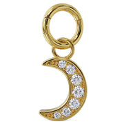 14k yellow gold diamond pave moon charm attached to a clicker ring showing how it connects