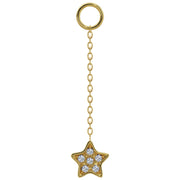 14k yellow gold long chain piercing accessory with diamond pavé star charm, front view